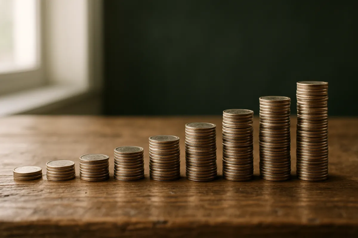 A row of coin stacks rising in height from left to right along a worn wooden table, lit by a window on the left, with a dark green wall behind