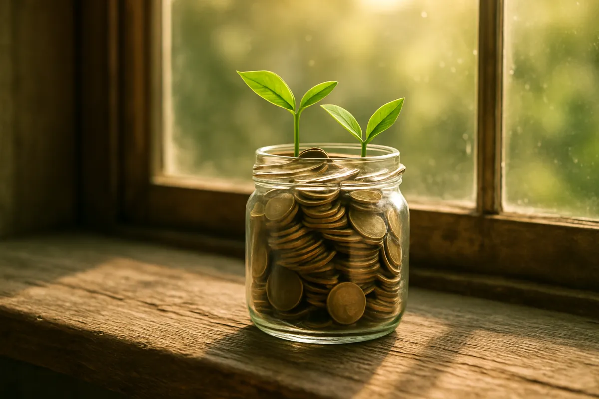 A glass jar full of coins with small green sprouts growing from it in soft morning light