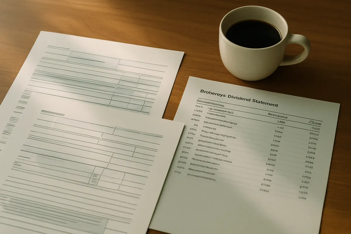 Neat tax paperwork and a printed brokerage dividend statement on a wooden desk beside a cup of coffee in soft morning light