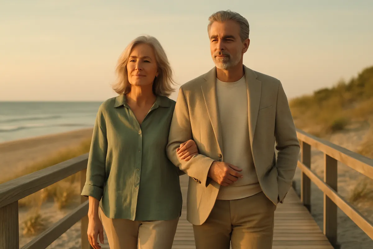 A mature couple walking on a quiet boardwalk at golden hour