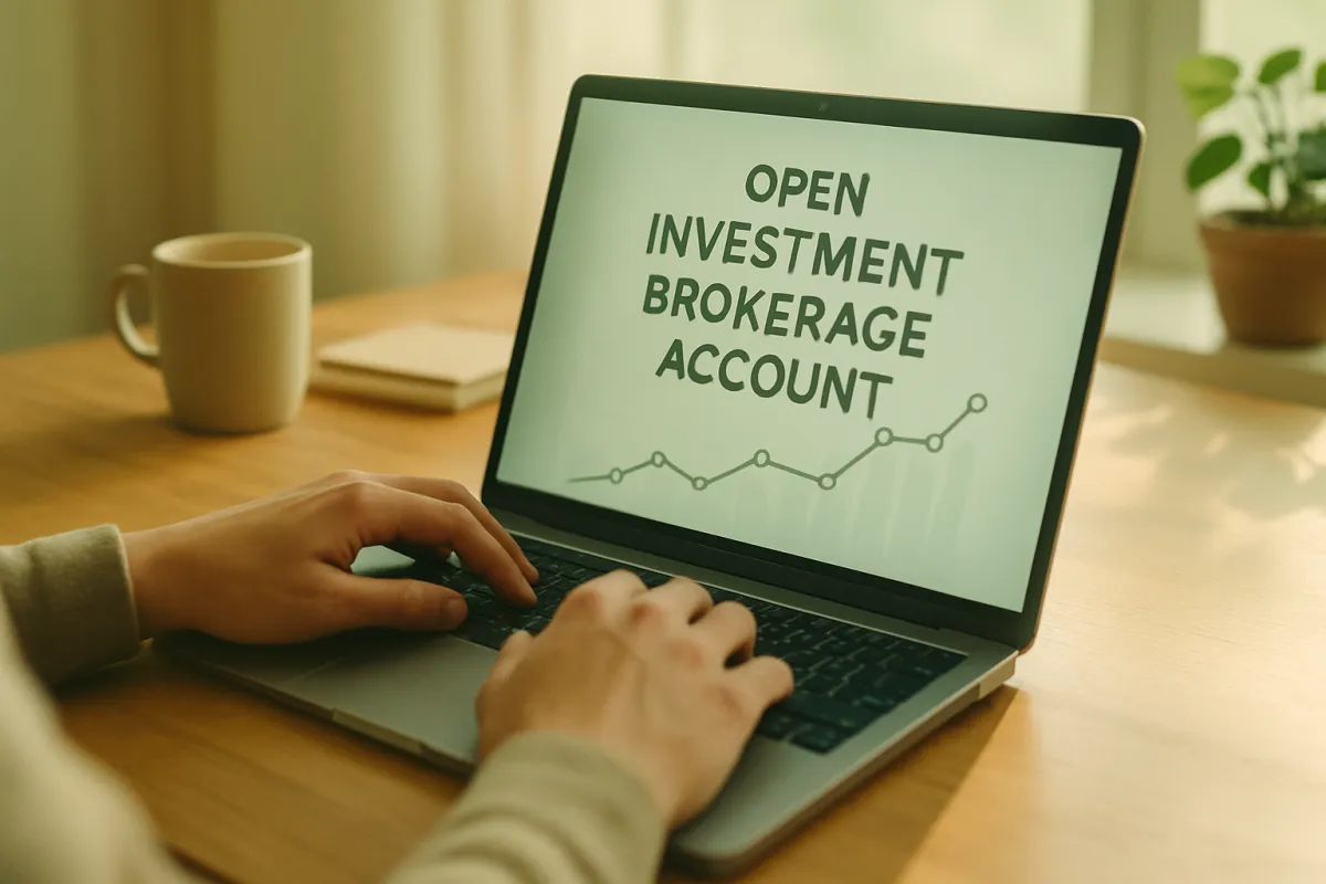 A person opening an investment brokerage account on a laptop at a wooden desk in warm, optimistic green-tinted morning light