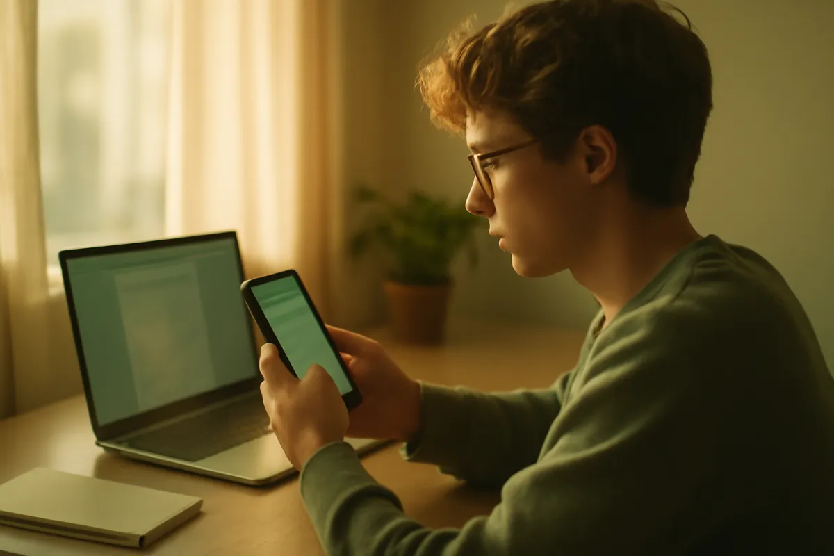 A young beginner investor setting up an investing account on a smartphone with a laptop open beside them at a home desk in warm optimistic morning light