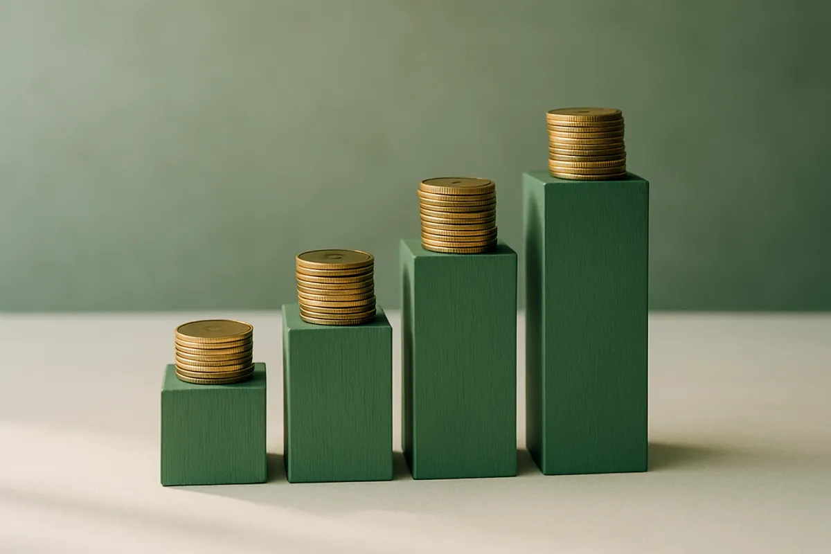 Ascending green stair-step blocks of increasing height with a coin resting on each step