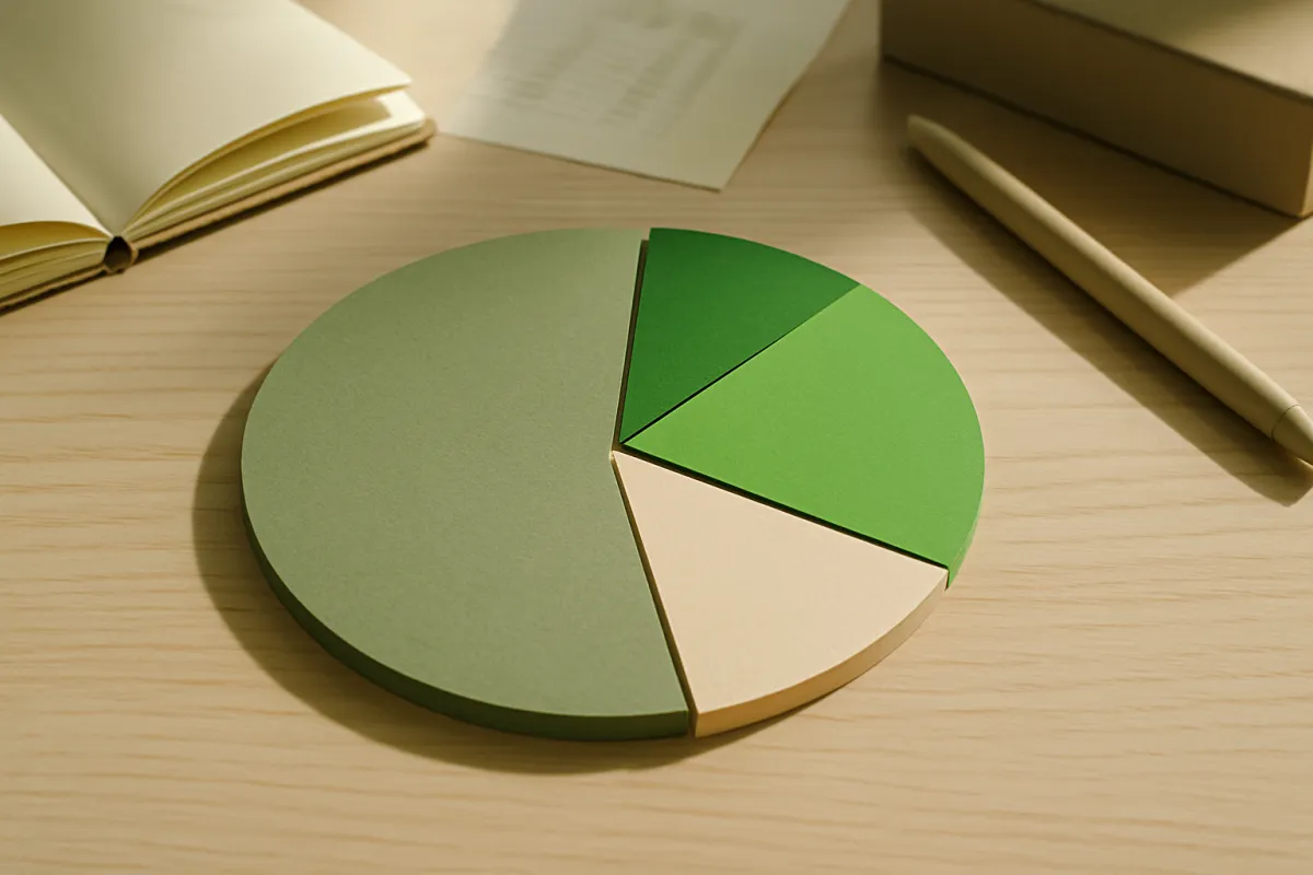 A green pie chart built from solid segments resting on a wooden desk beside an open notebook and a pen in soft light