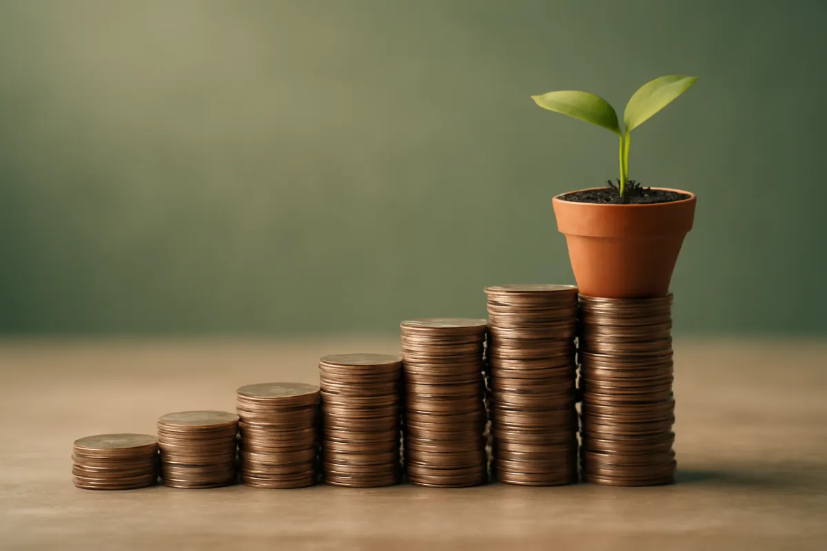 A staircase of stacked coins climbing toward a small green seedling in soft daylight