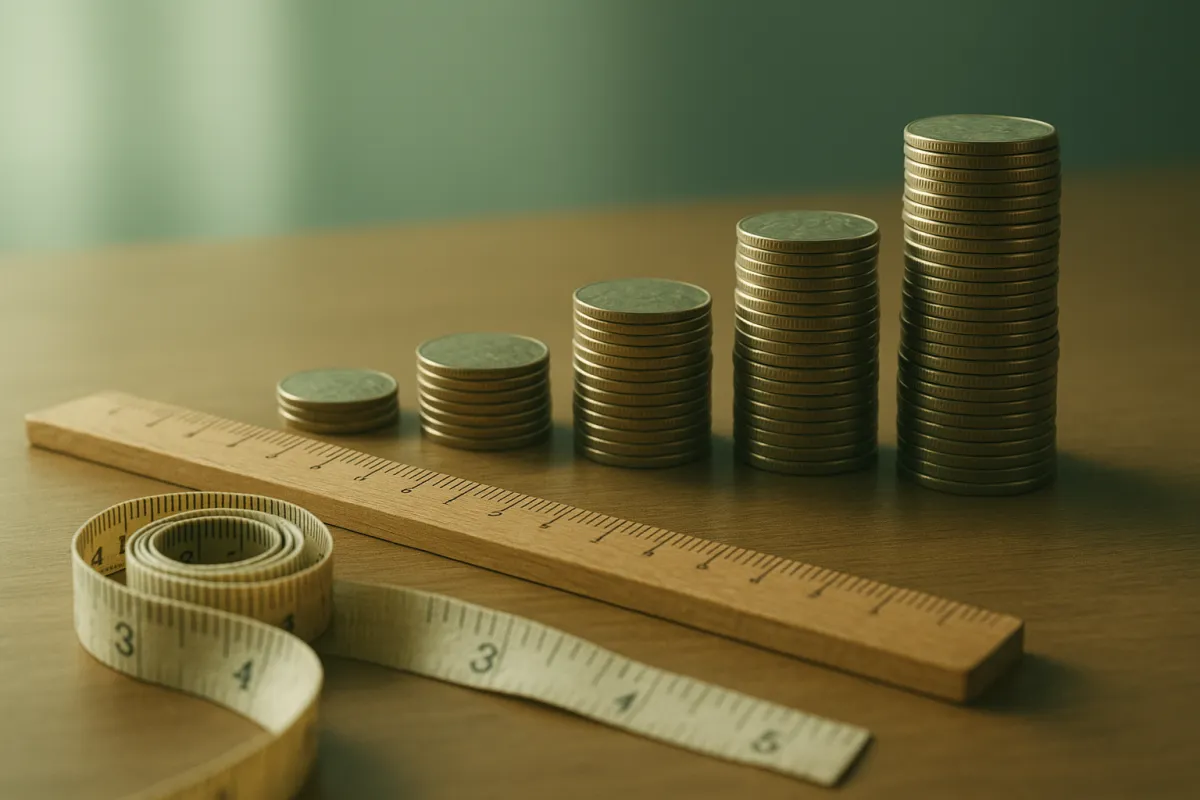A wooden ruler and measuring tape beside columns of coins of increasing height on a desk, representing measuring a dividend stock against a set of metrics