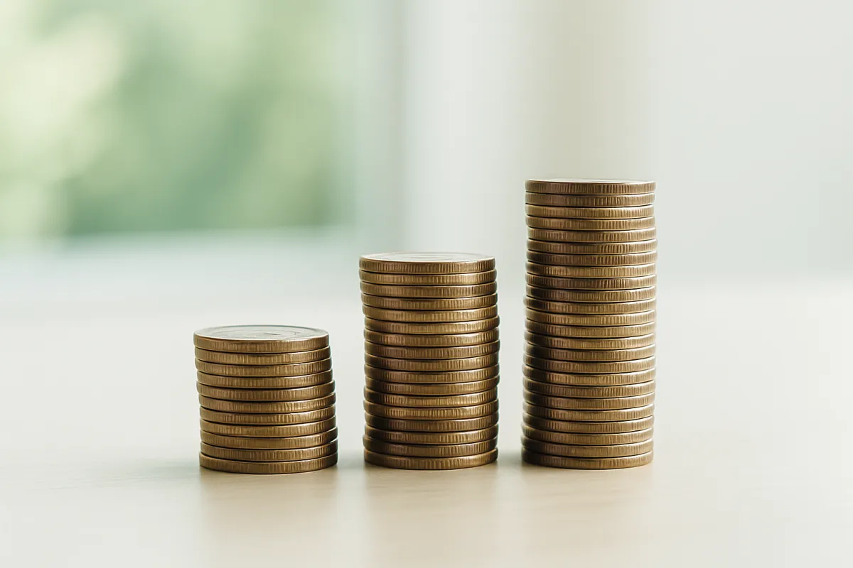 Sorted paper tax documents and coin stacks on a wooden desk in soft green-tinted morning light, representing losing positions being harvested to offset taxable gains