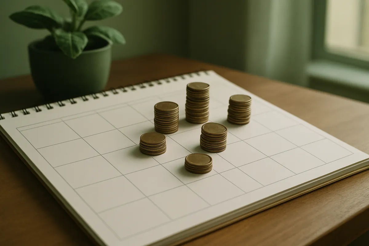 A desk calendar beside coin stacks and a small pen on a wooden surface in soft green-tinted light, representing the 30-day window before and after a sale that the wash-sale rule covers