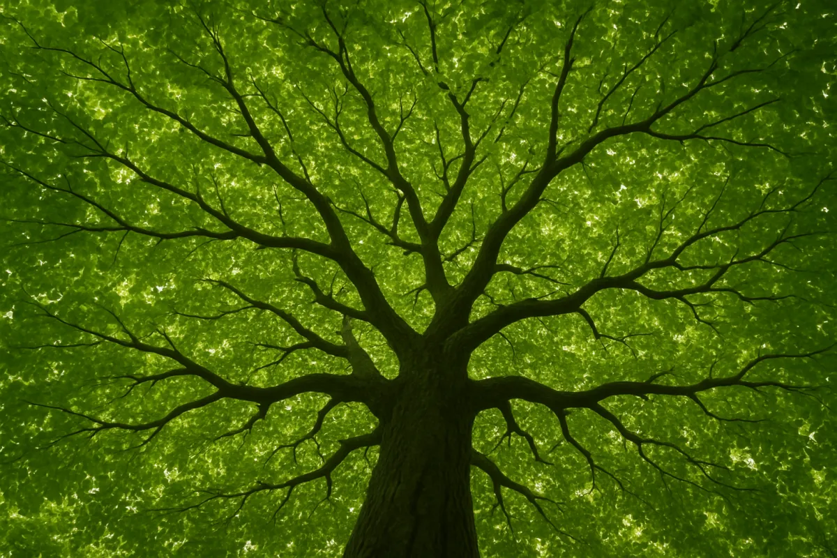 Looking up into a broad green tree canopy where many branches spread from a single trunk, representing one fund holding many dividend payers