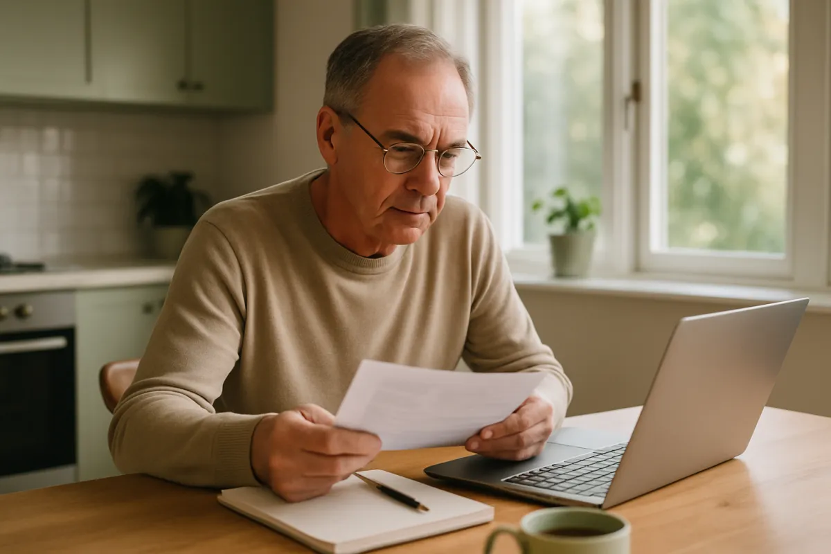 A person in their early fifties reviewing retirement finances at a kitchen table with a laptop and notebook, representing a saver working through the priority order for the year