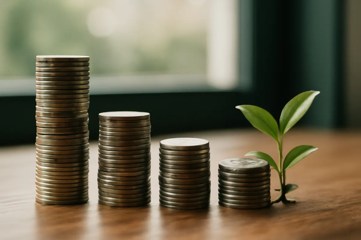 Three coin columns of different heights on a wooden desk in soft green-tinted light, representing the three tiers of the priority order the match, the Roth IRA, and the return to the 401(k)