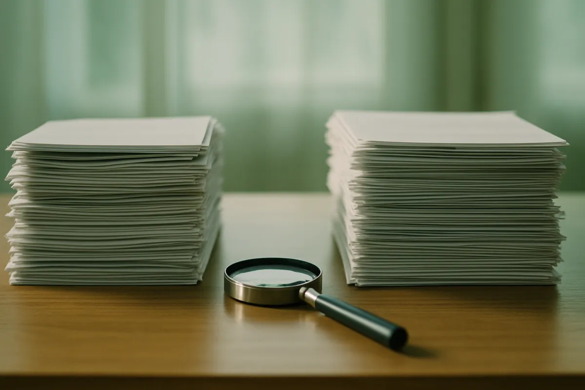 Two neat side by side stacks of documents beside a magnifying glass on a wooden desk in soft green-tinted light, representing examining a company's dividend record before buying