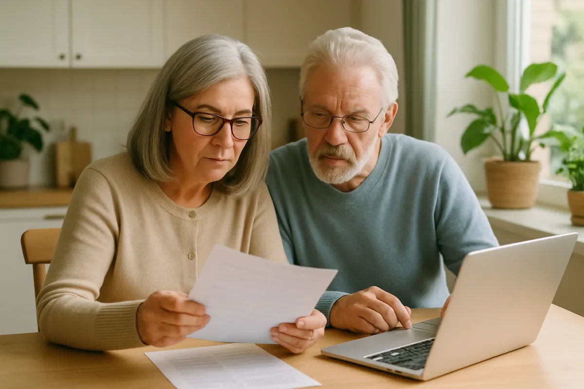 A couple reviewing papers and a laptop at a bright kitchen table, representing a household planning contributions across both a Roth IRA and a 401(k)