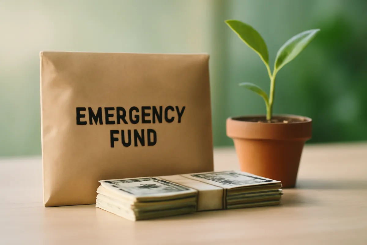 A brown paper envelope labeled emergency fund next to a stack of paper money and a small potted seedling