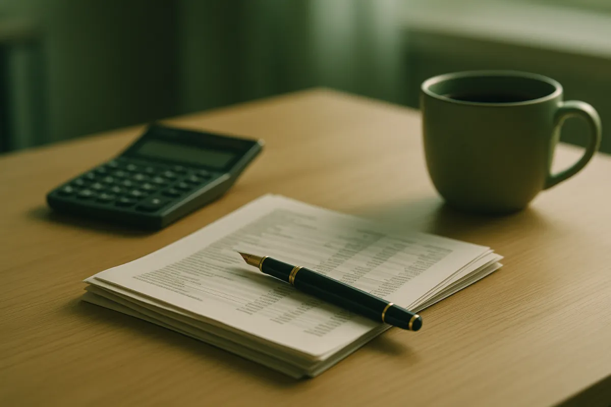 A tidy desk with a calculator, a pen, folded financial statements and a mug of coffee in soft green-tinted natural light