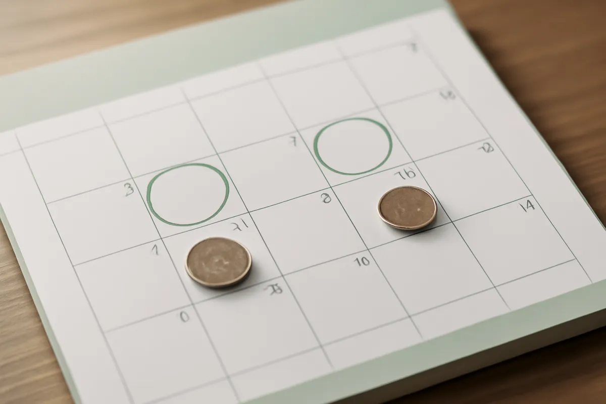 A paper wall calendar with several days circled in green ink and small coins resting on two of the squares
