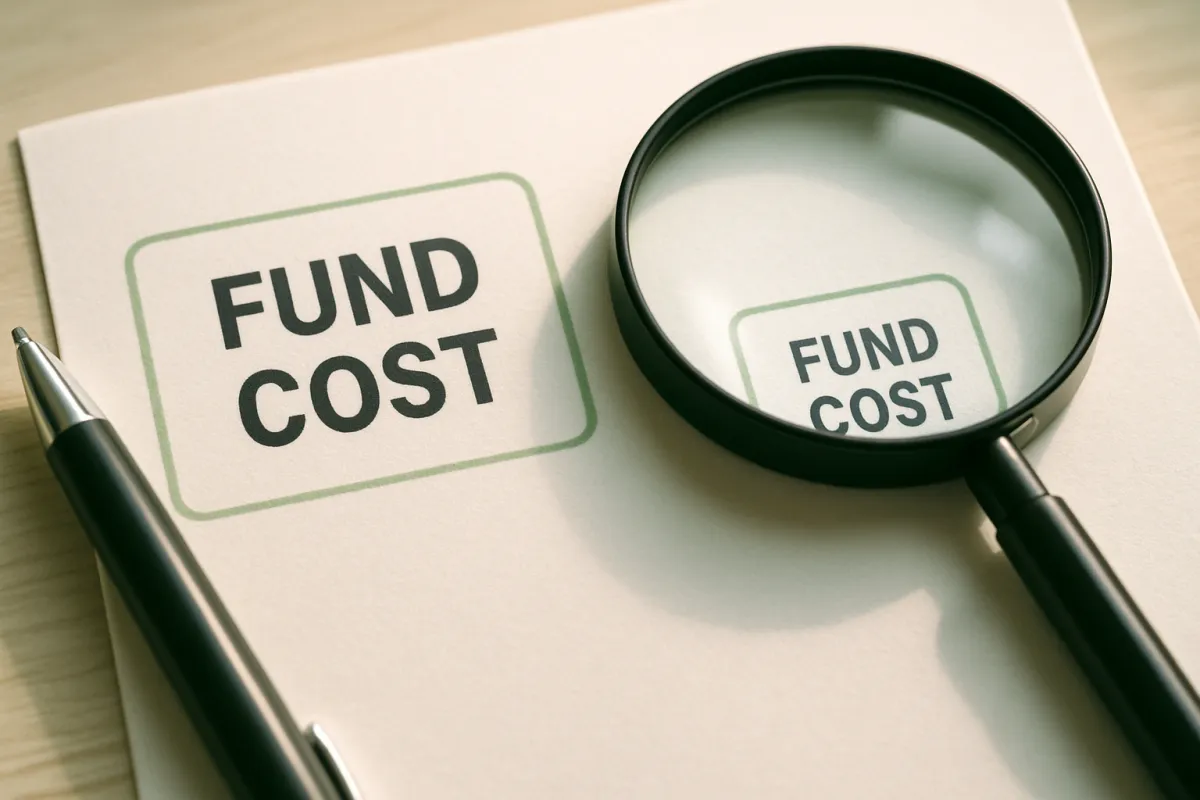 Two fund cost labels side by side on paper with a pen and magnifying glass on a desk, one clearly smaller than the other, in soft light