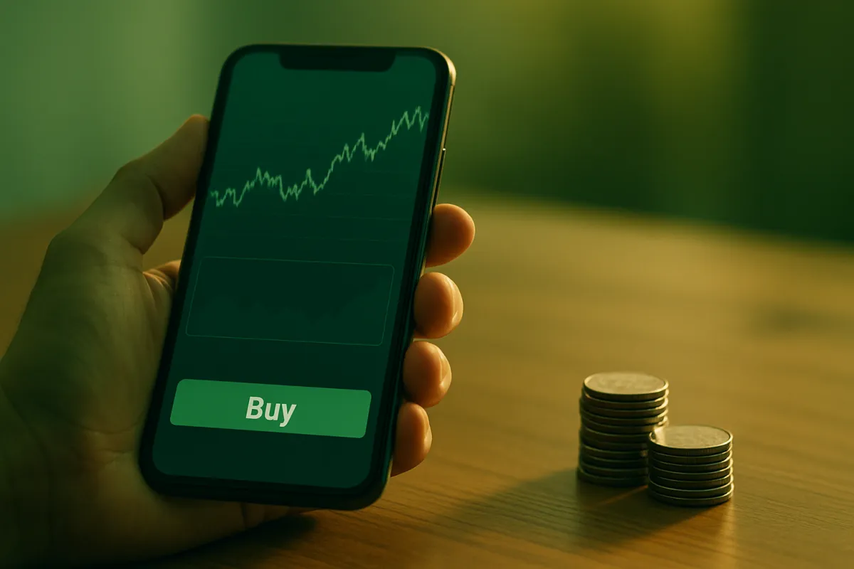 A hand holding a phone showing a simple buy screen beside a small stack of coins on a wooden desk in warm green-tinted light