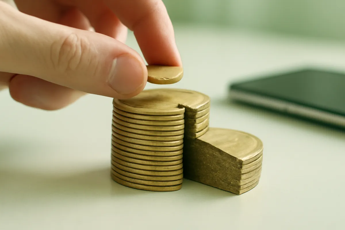 A single small coin placed on a stack sliced to show it is one thin fraction of a whole share, in close macro view on a bright desk beside a smartphone