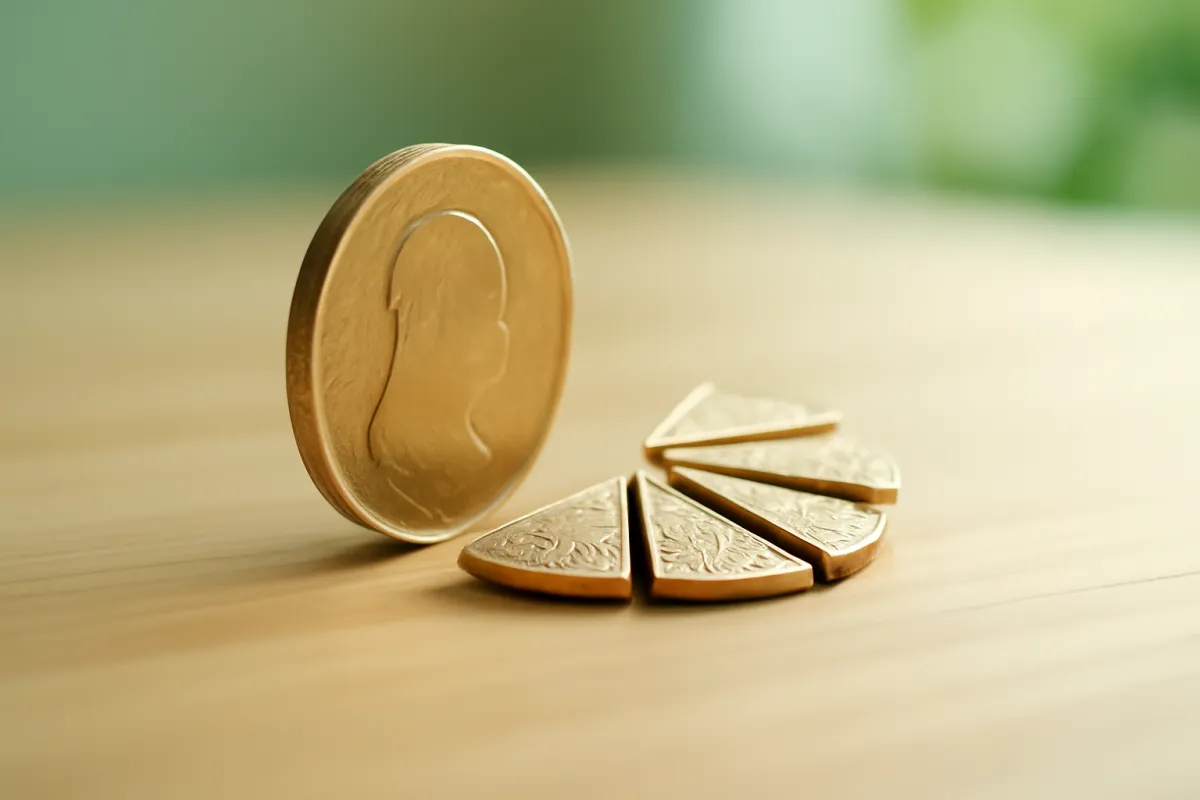 A single gold coin standing on edge beside several coins cut into equal fractional wedges on a wooden table in soft light