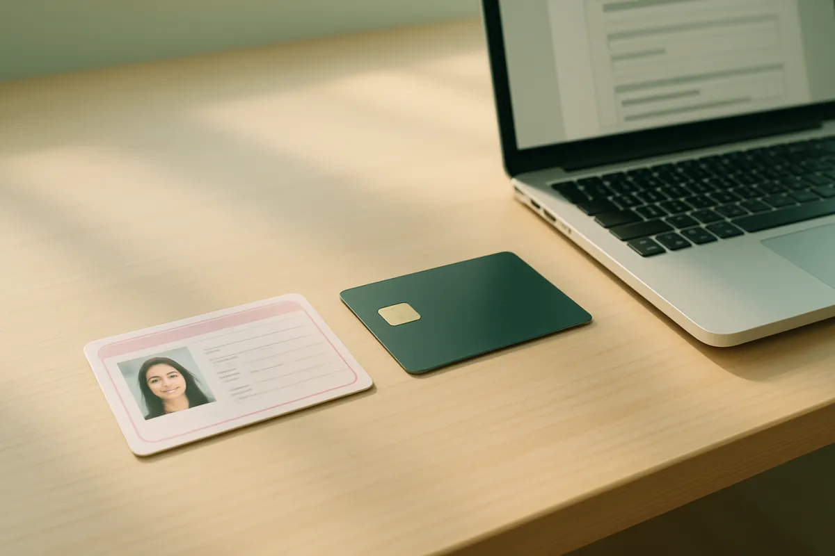 A photo ID, a bank card, and a laptop arranged on a clean wooden desk ready for an application, in soft green morning light