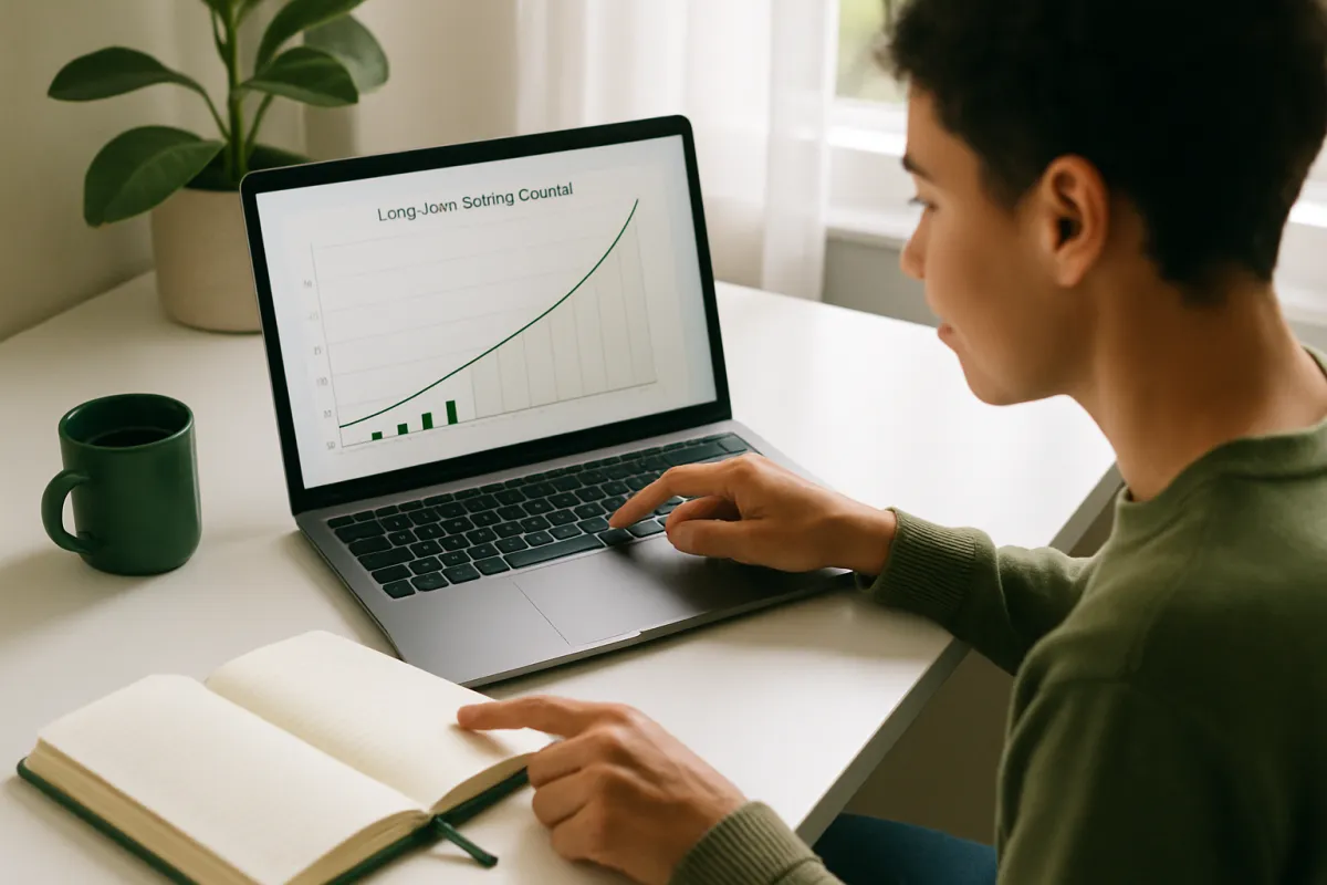 A person at a laptop looking at a rising line chart, with an open notebook and a green mug on the desk