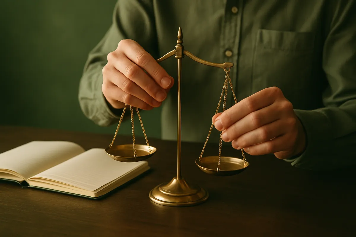 Hands adjusting a brass balance scale beside a notebook