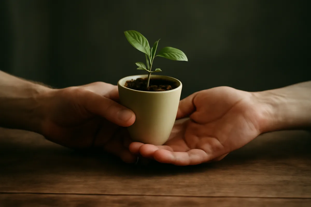 Two hands passing a small green seedling in a cup across a wooden table in soft warm light, representing an employer adding matching money to an employee's contribution