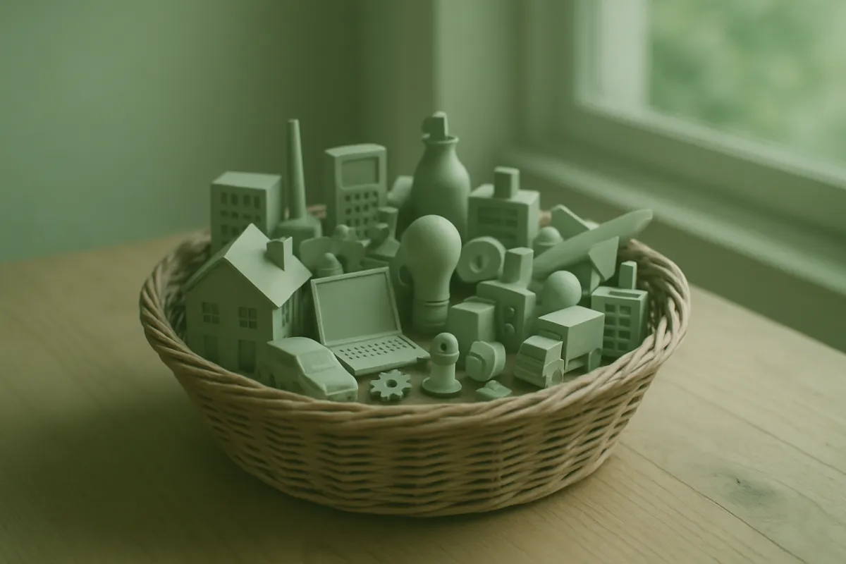 A single basket holding many small diverse objects representing hundreds of companies in one fund on a wooden table in soft light