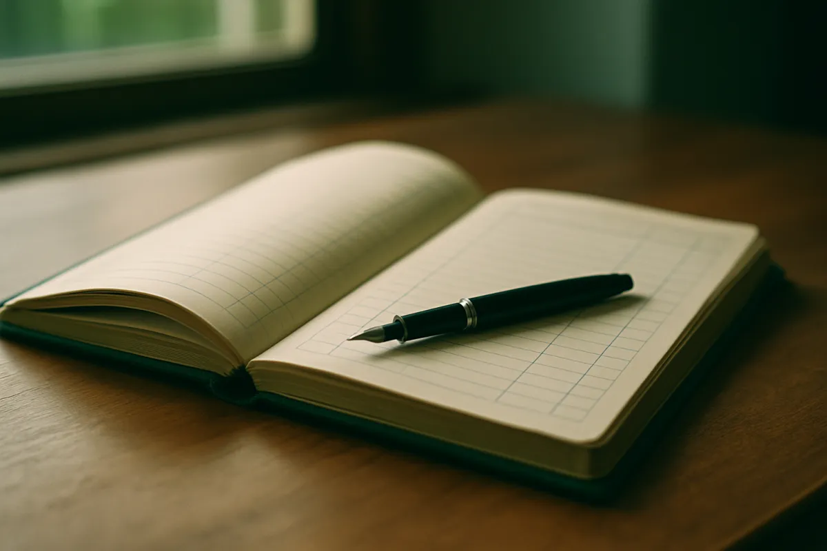 An open ledger notebook with a fountain pen resting on blank ruled pages on a wooden desk