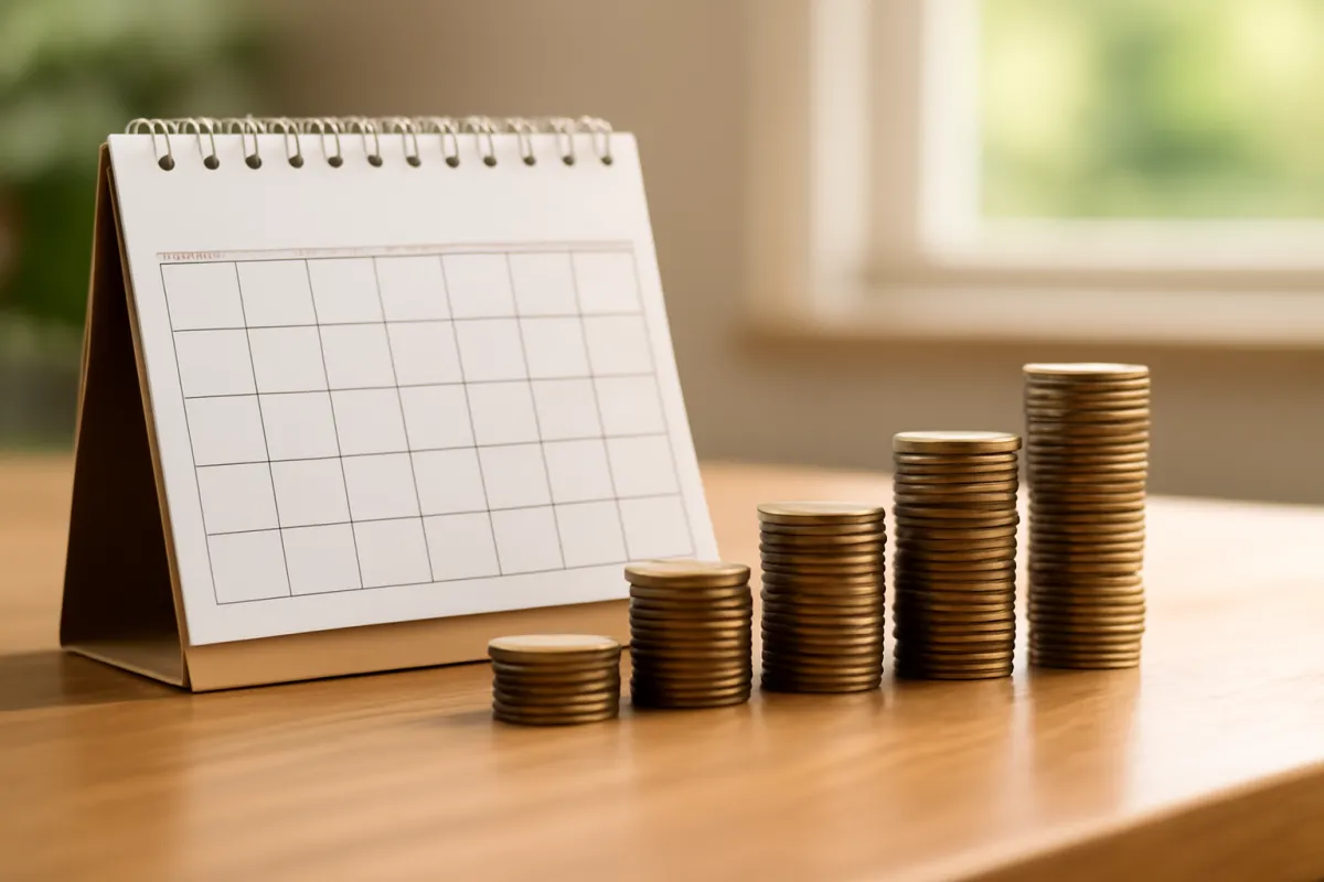 A monthly calendar beside stacks of coins growing taller week by week across a wooden desk in warm light