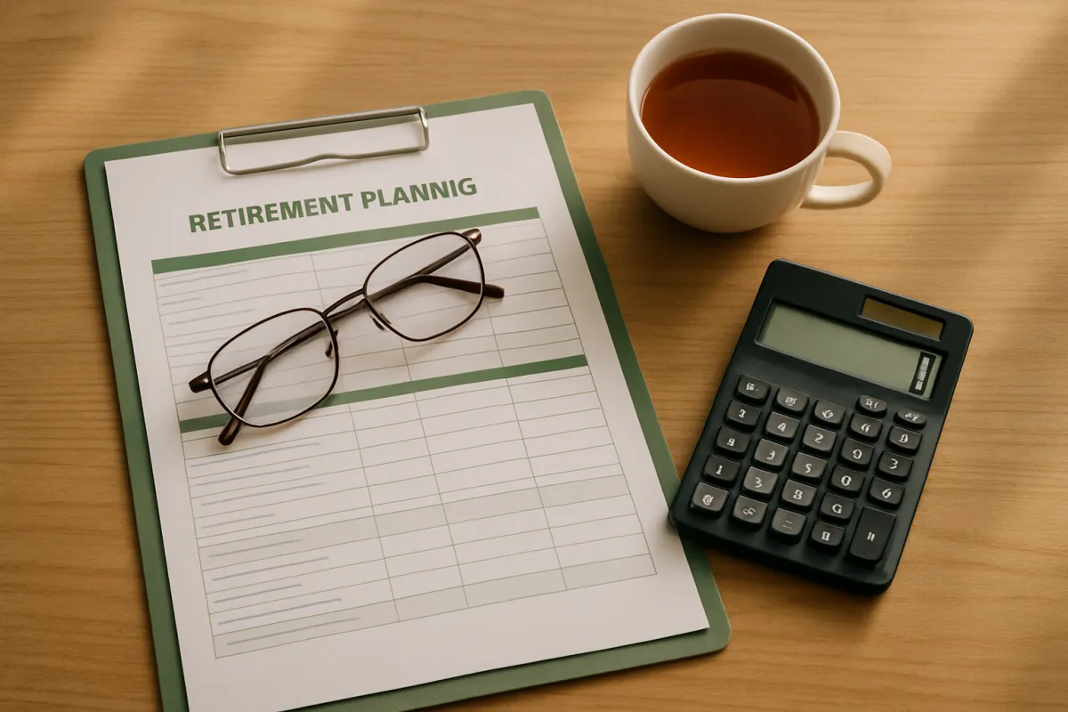 A retirement planning worksheet with a calculator and reading glasses on a desk