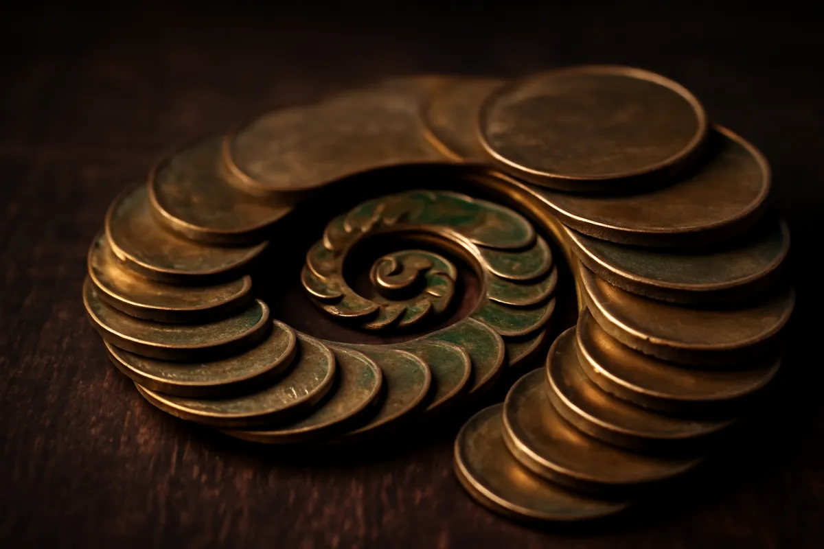 Aged brass coins arranged in a tight spiral on a dark wooden surface, representing distributions reinvested to compound into a growing share count