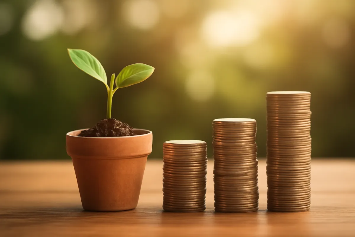 A green seedling growing from a clay pot beside a rising row of stacked coins on a wooden table in warm light