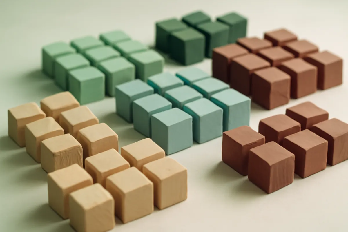 Many small wooden blocks in varied muted colors sorted into neat separate groups on a light surface, representing dividend ETFs sorted into distinct types