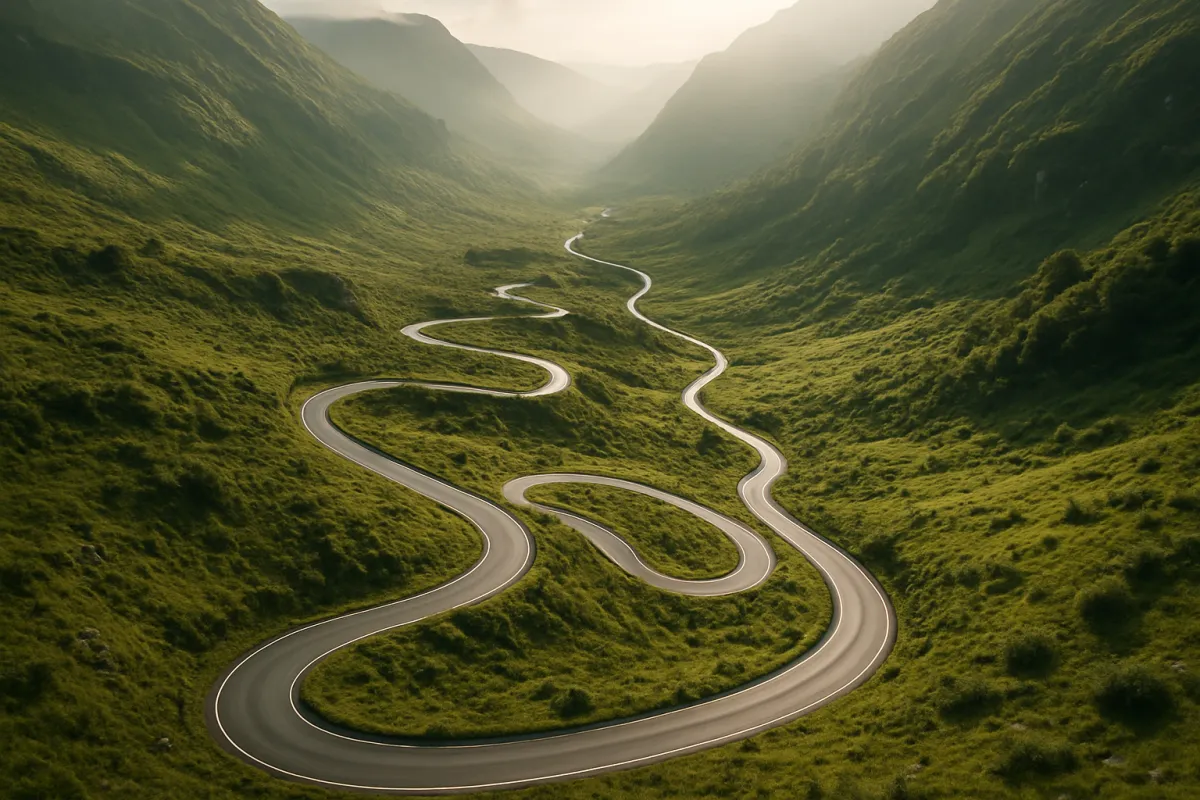 A winding mountain road descending through a green valley