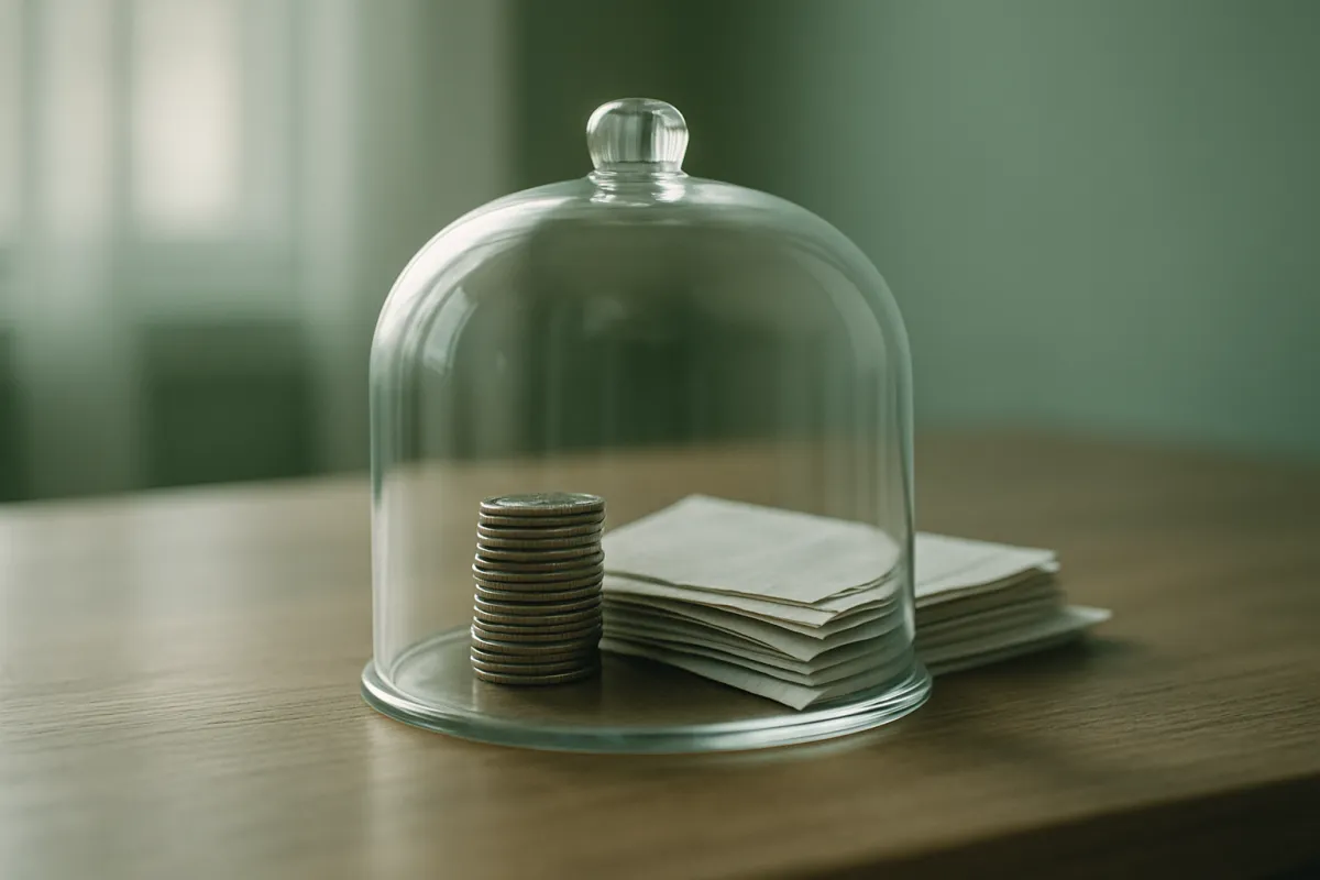 Coin stacks sheltered under a small protective roof on a wooden desk in soft green-tinted light, representing the two tax-advantaged accounts a Roth IRA and a 401(k)