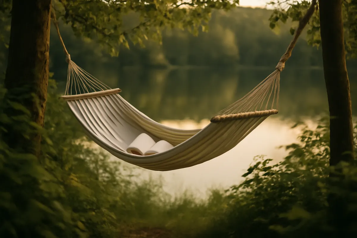 A linen hammock strung between two trees beside a calm lake at golden hour with an open book resting on the seat