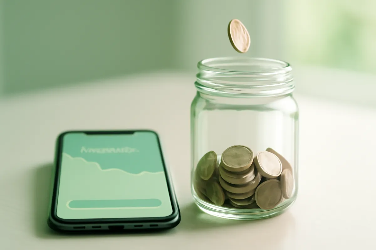 A single coin dropping into a glass jar beginning to fill, beside a smartphone showing a blank investing app on a bright desk