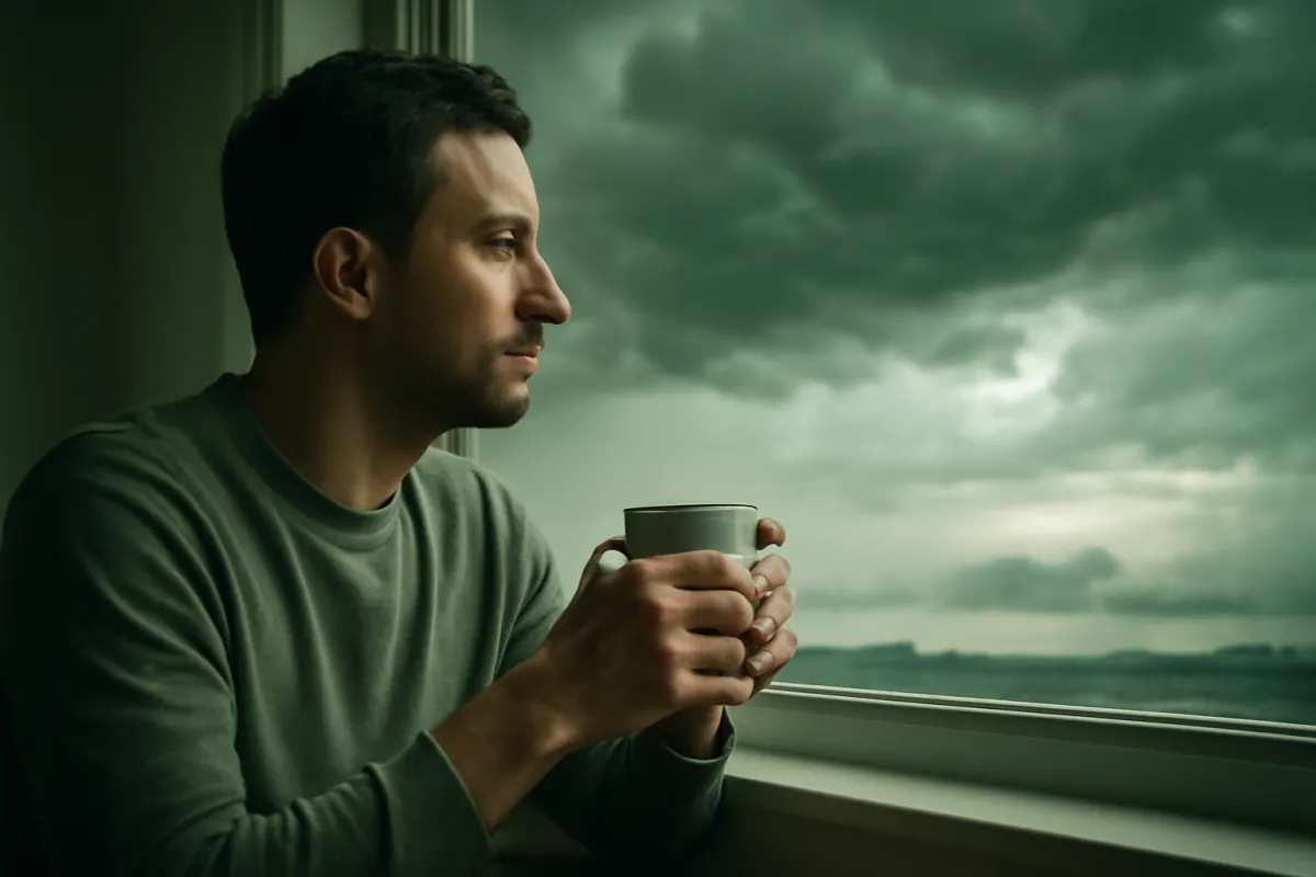A calm person sitting by a window with a mug watching a stormy sky begin to clear, representing a dividend payer whose earnings hold steady through a downturn