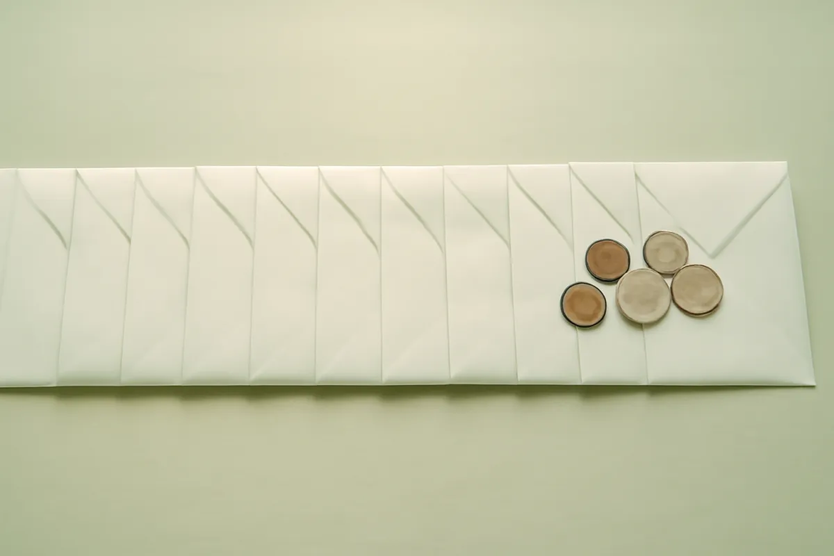A neat row of white envelopes on a soft green background with a small cluster of coins beside them, representing regular dividend distributions arriving on schedule