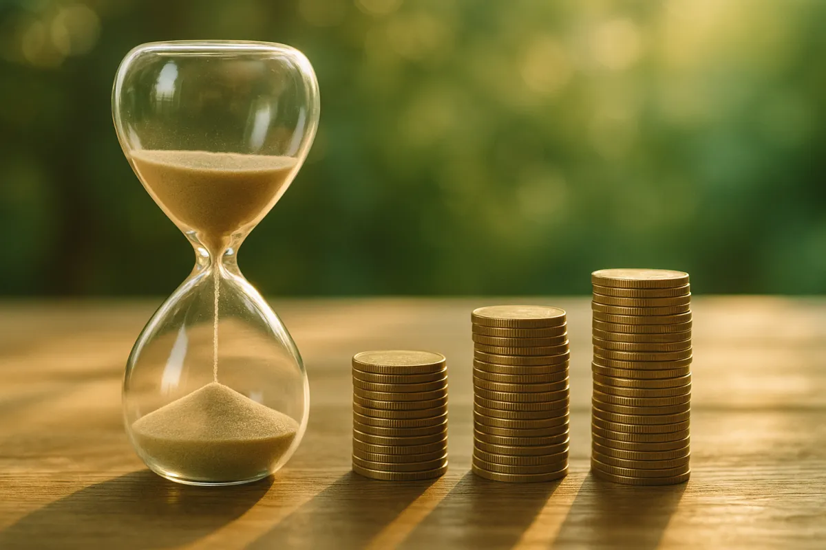 An hourglass beside three rising stacks of gold coins on a wooden table in warm light