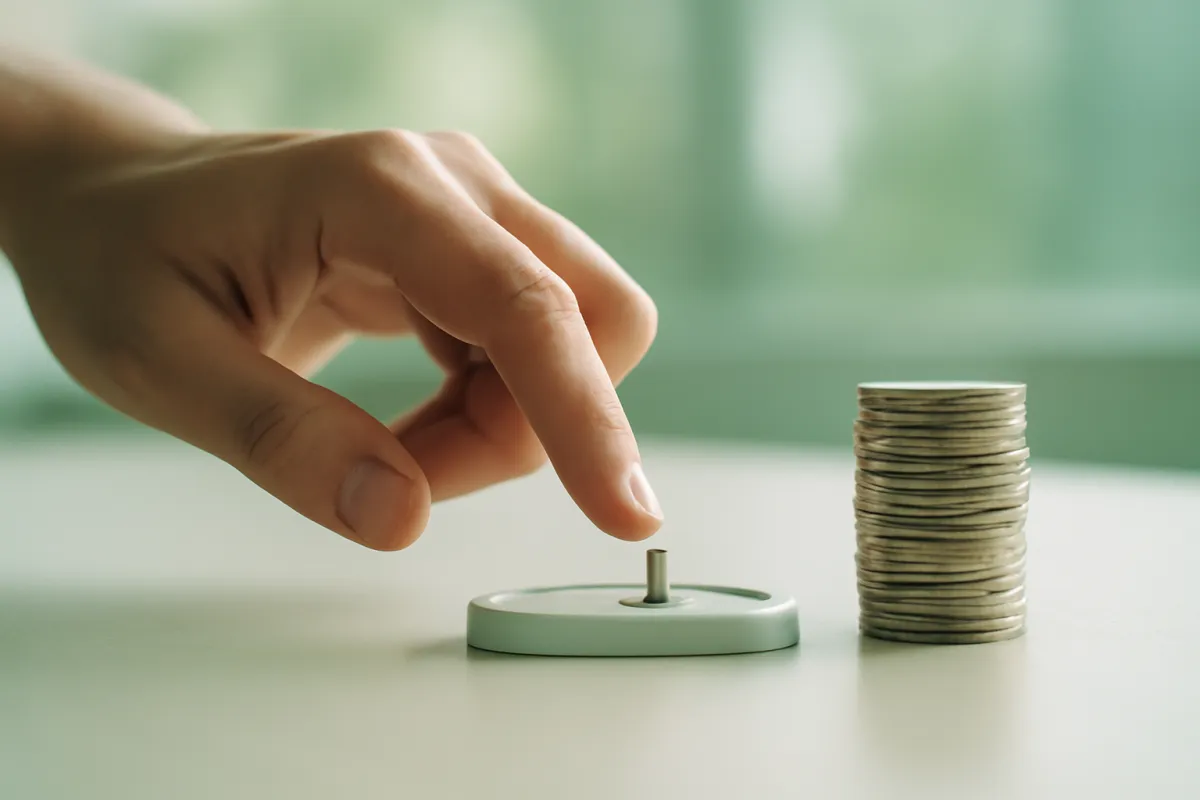 A hand reaching toward a small metal spinner on a round base beside a tall stack of coins on a pale table