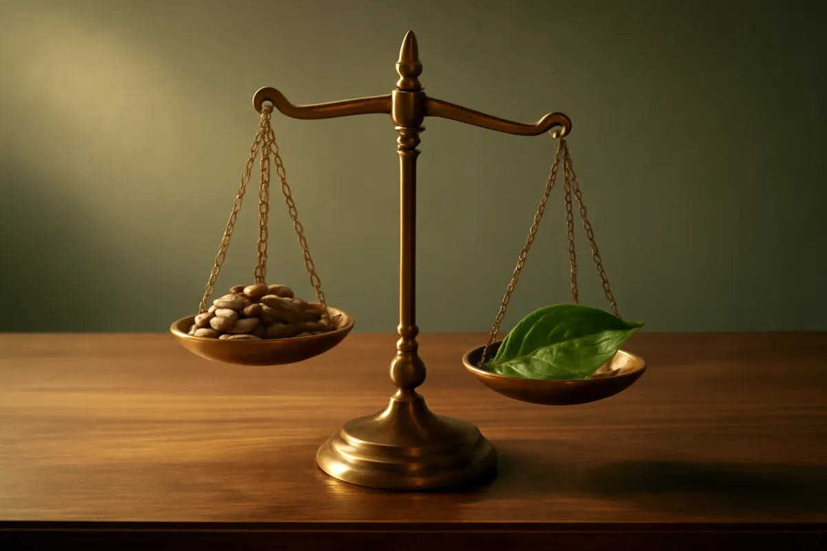 Two small stacks of coins on a wooden desk, one taller and one shorter, weighed against each other in soft green-tinted light