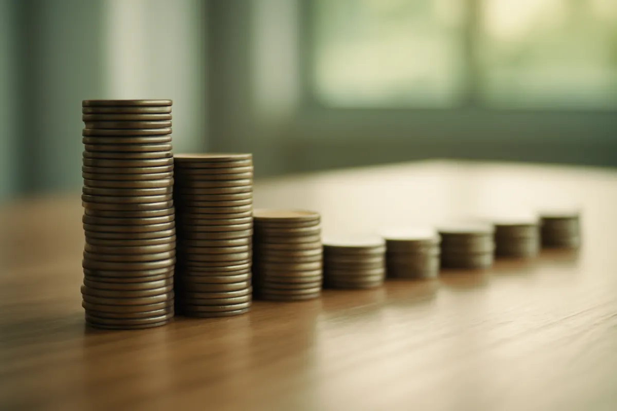 Two parallel rows of coin stacks on a wooden desk, one row tall and growing, the other flat and short, side by side in soft green light