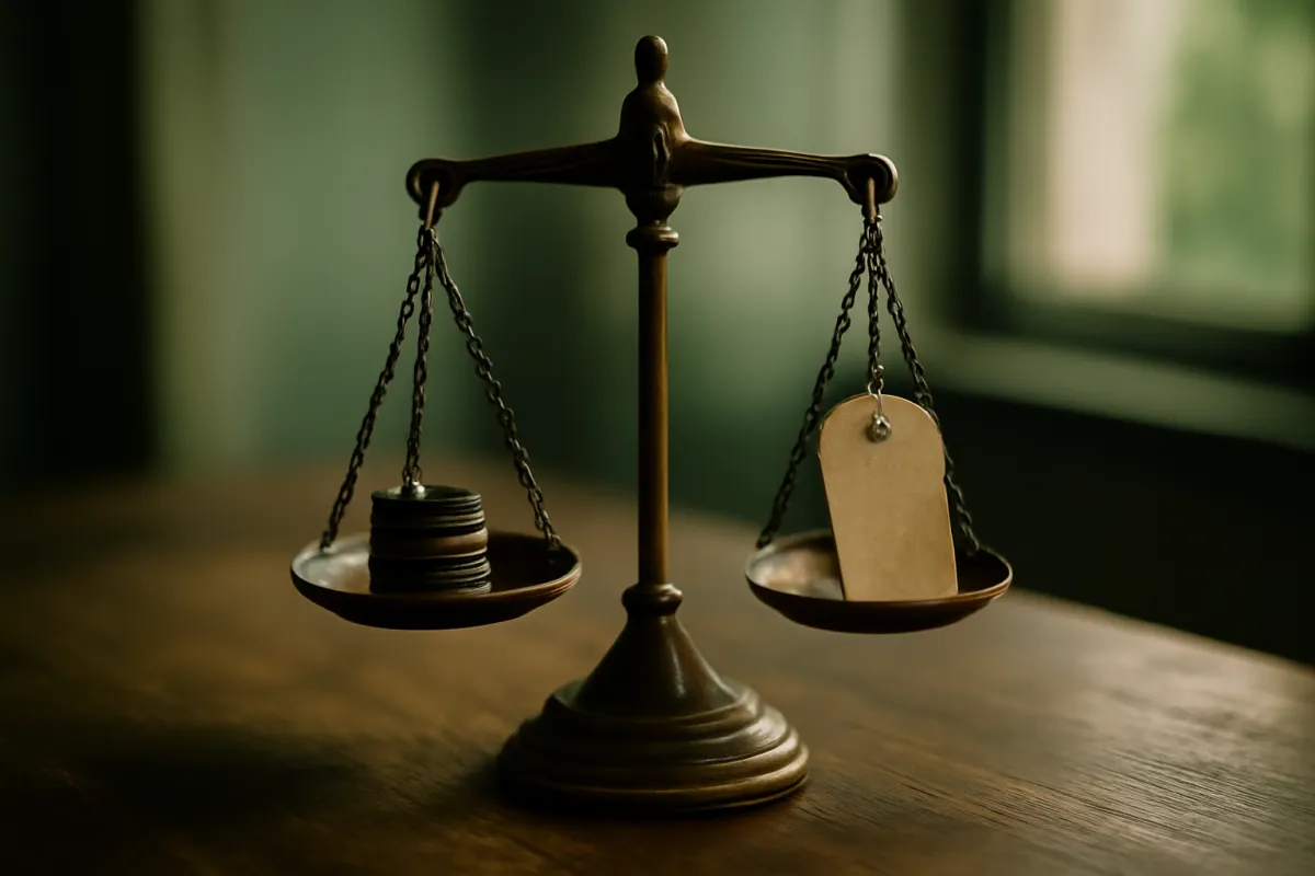 A brass balance scale on a wooden desk with a stack of coins on one pan outweighing a blank tag on the other, representing weighing a fund's yield against its cost and risk