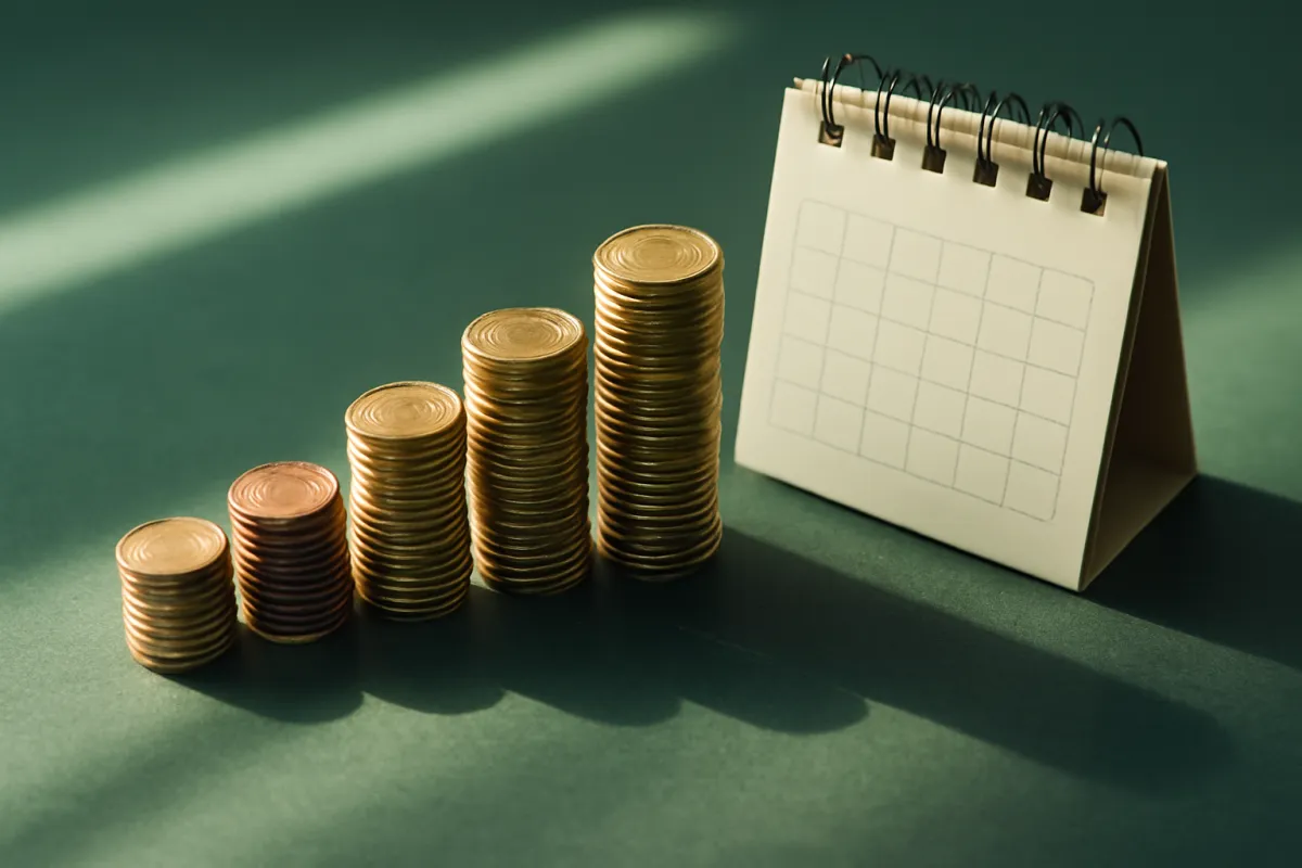 Overhead view of rising coin stacks arranged like a bar chart beside a small paper desk calendar in soft green light