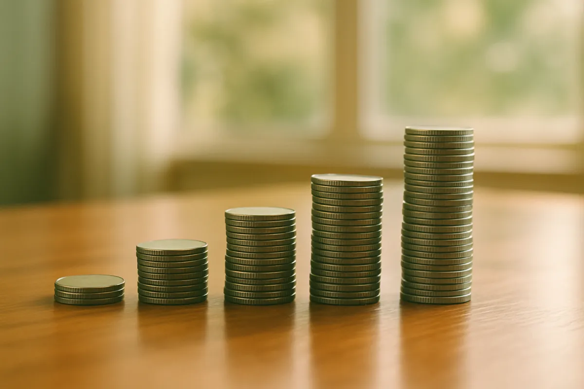A series of coin stacks growing progressively taller across a wooden desk in warm light