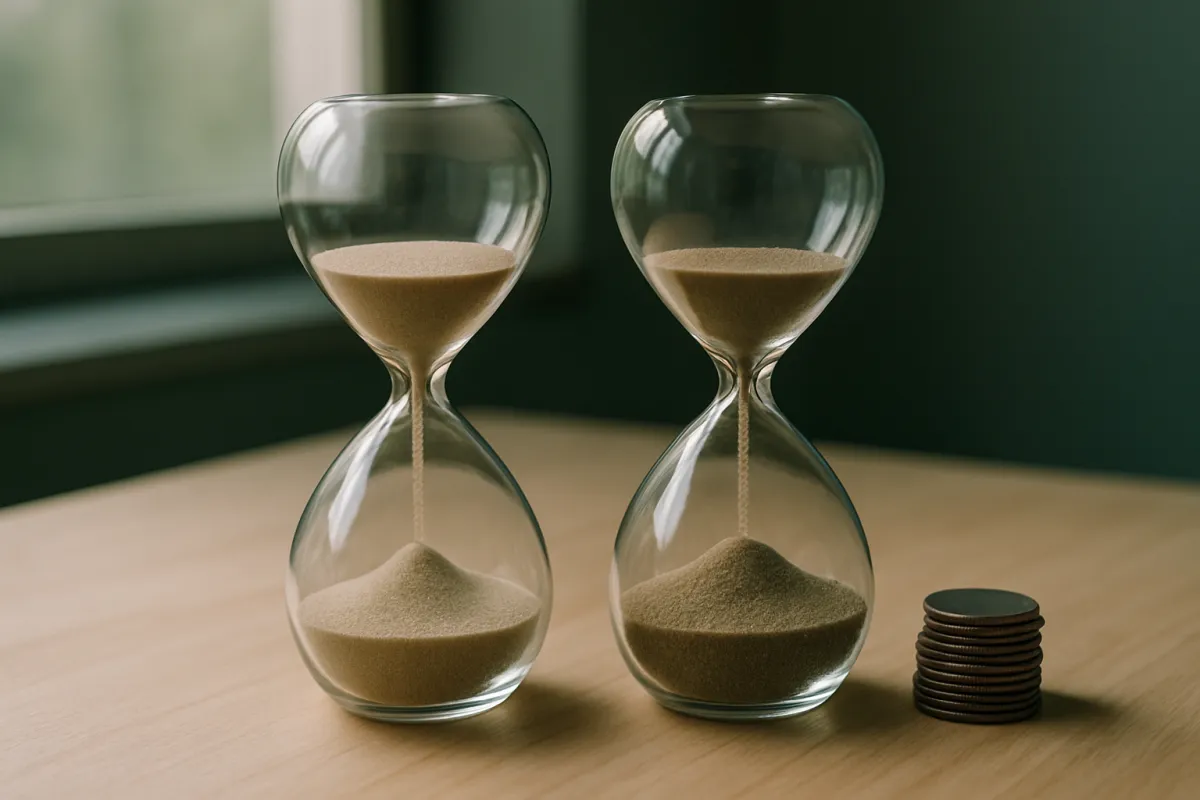 Two matching glass hourglasses side by side on a pale wooden desk beside a window, sand running through both, with a small stack of coins at the right against a dark green wall