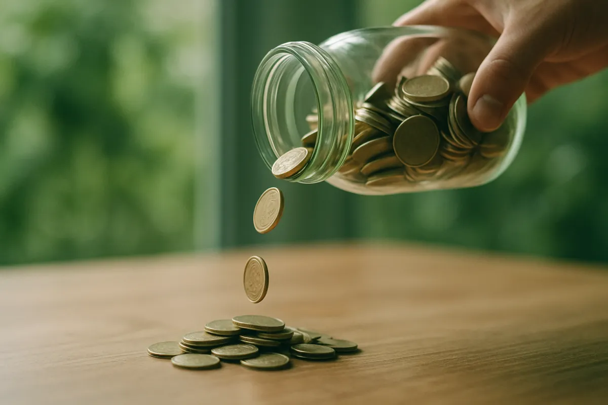 A jar of coins being poured out one coin at a time onto a wooden table